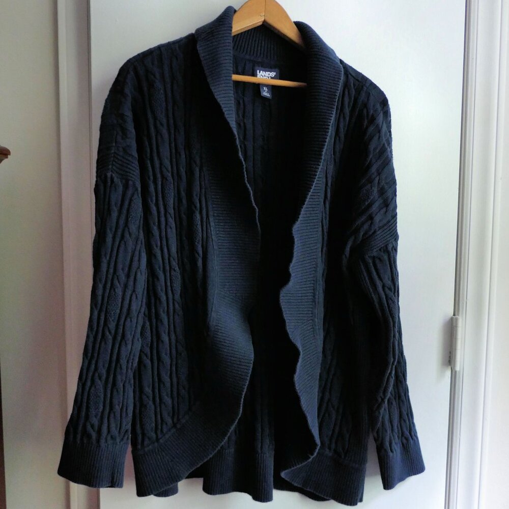 Land's End Open Front Cable Knit Sweater in Navy - Size XL